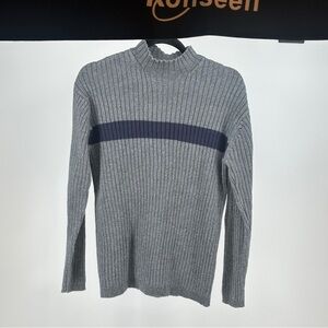 Men's Vintage Y2K Gray‎ Turtleneck Sweater with Navy Stripe Accent Mock Neck